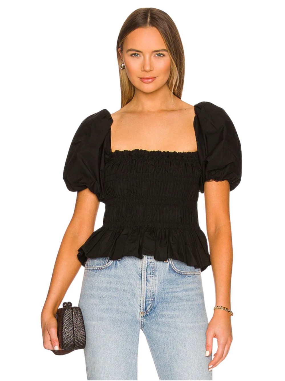 ASTR The Label Black Puff Sleeve Smocked Blouse Edwardian Cottagecore Revolve XS